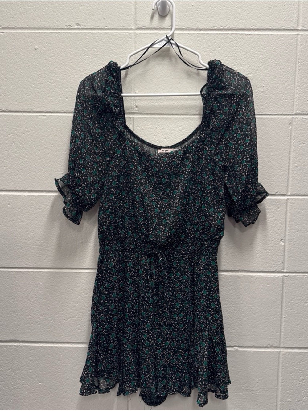 Women's Black Floral Short Sleeve Romper with Tie Waist